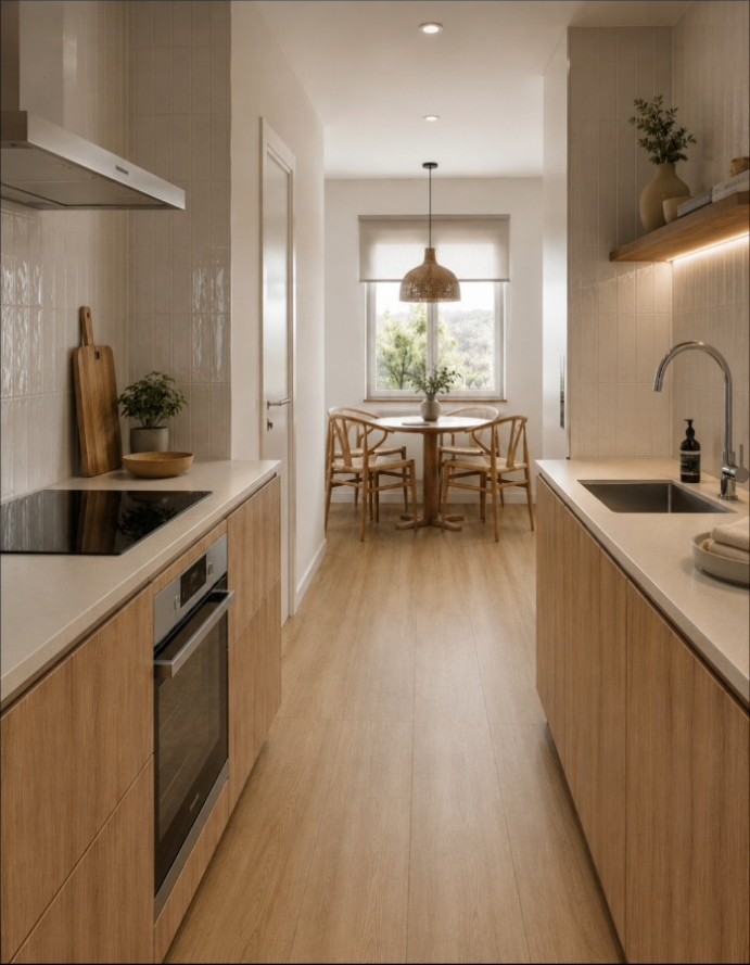 Cocina en madera y tonos claros
