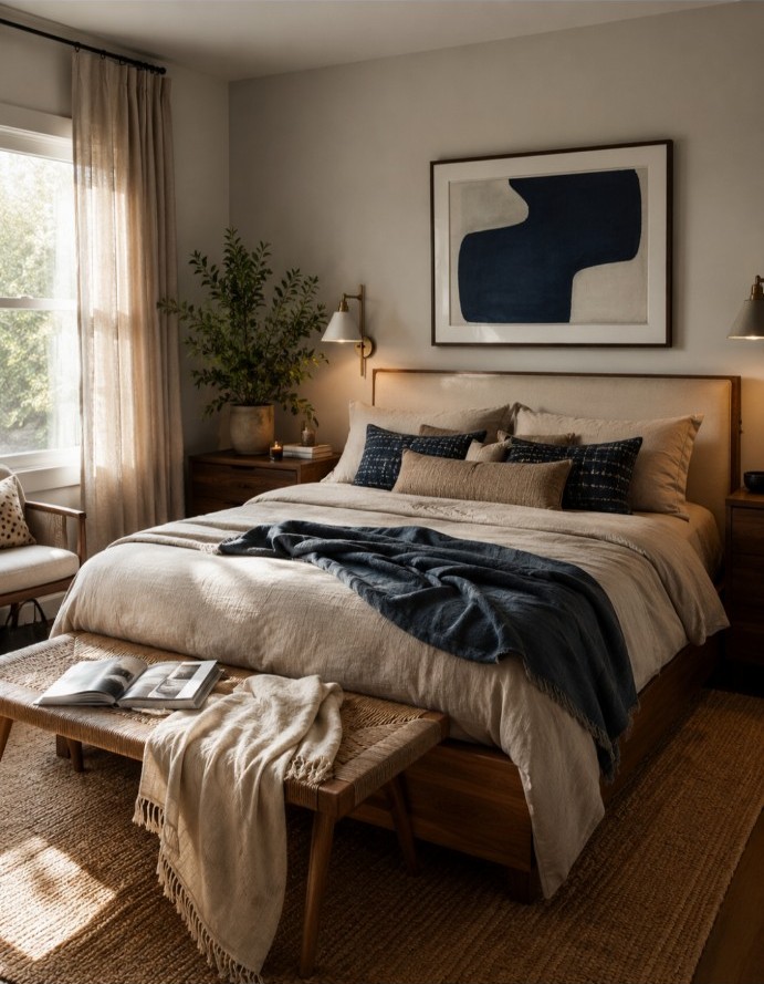 Dormitorio neutro con azul