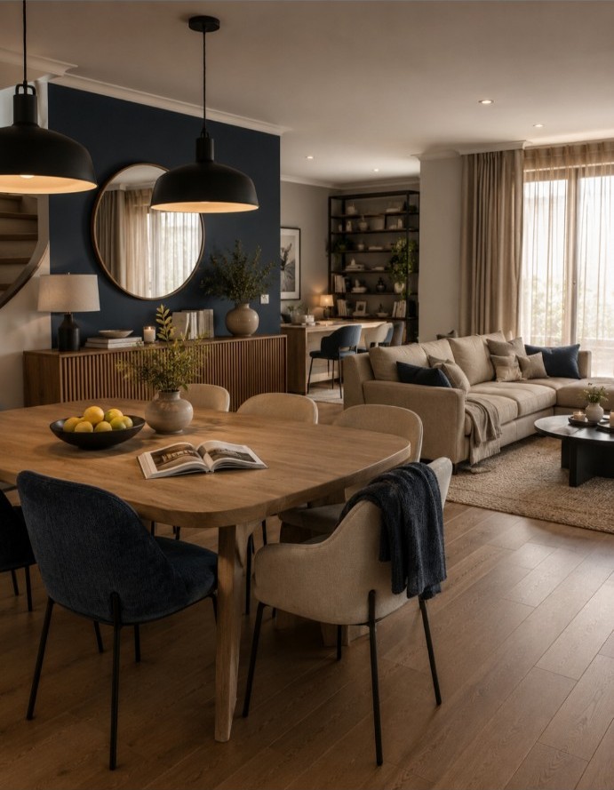 Salón comedor con azul petróleo